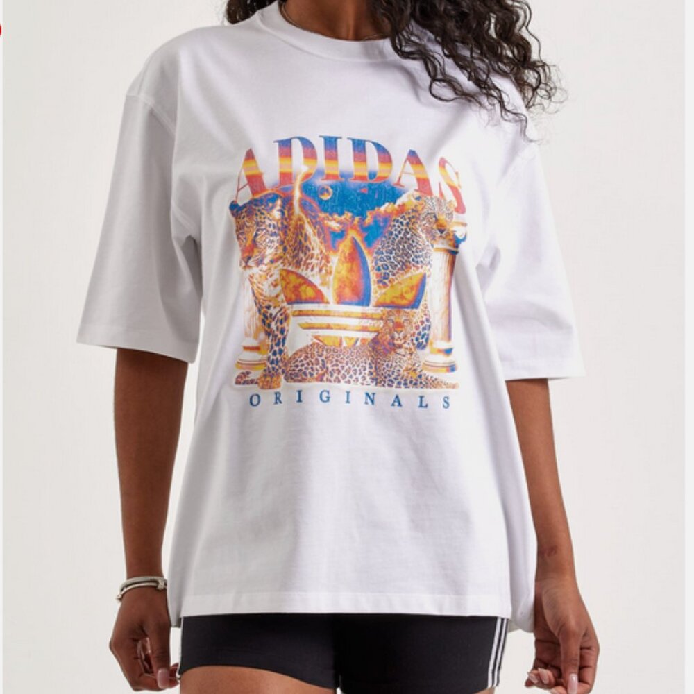 Adidas Originals womens Leopard Print t-shirt Size L Oversized Fit KE0113